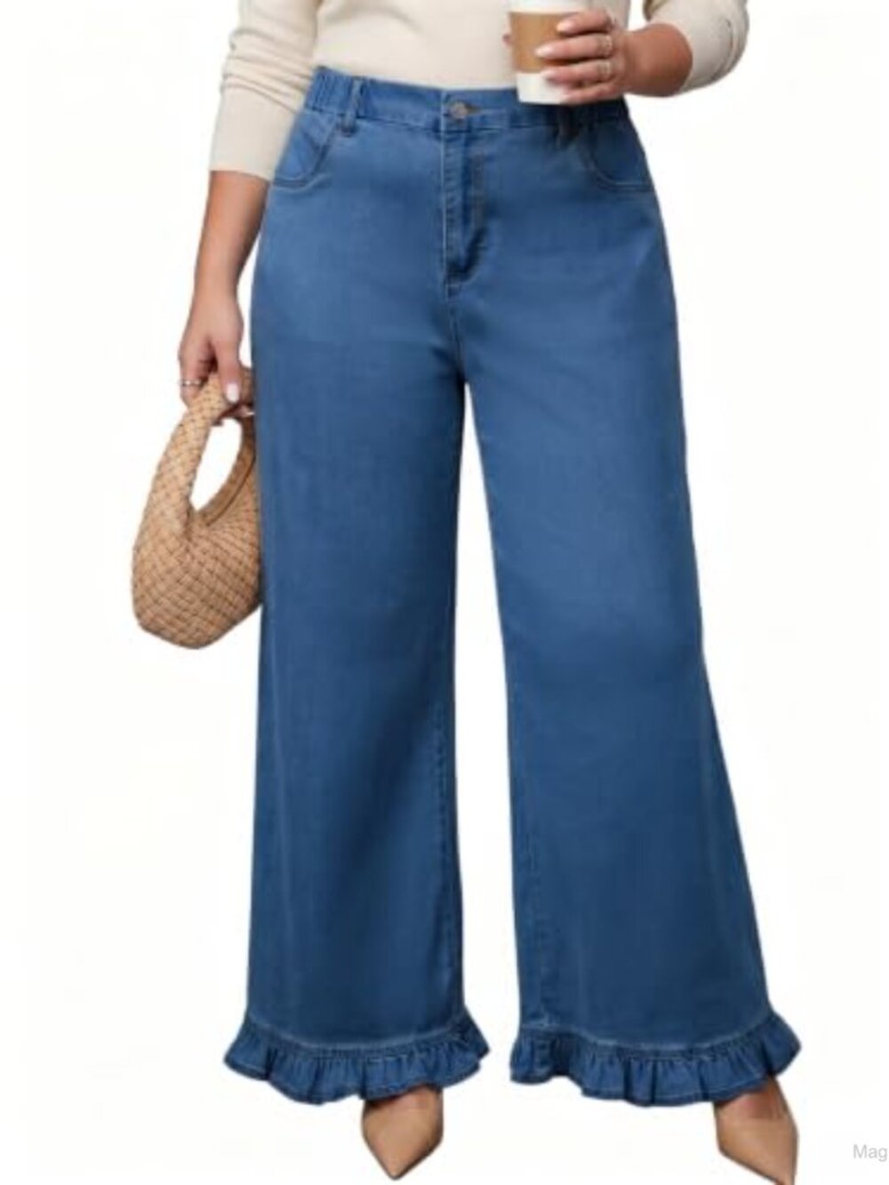 Plus Size Wide Leg High Waist Baggy Jeans with Ruffle Hem Stretch